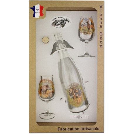 Coffret 2 verres à Vin INAO + Bouteille Vin Blanc/Rosé Sérigraphiés + Bouchon (Chasseurs Poils)