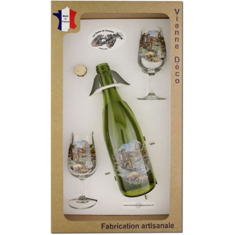 Coffret 2 verres à Vin INAO + Bouteille Vin Rouge Sérigraphiés + Bouchon (Pêche à la Truite)