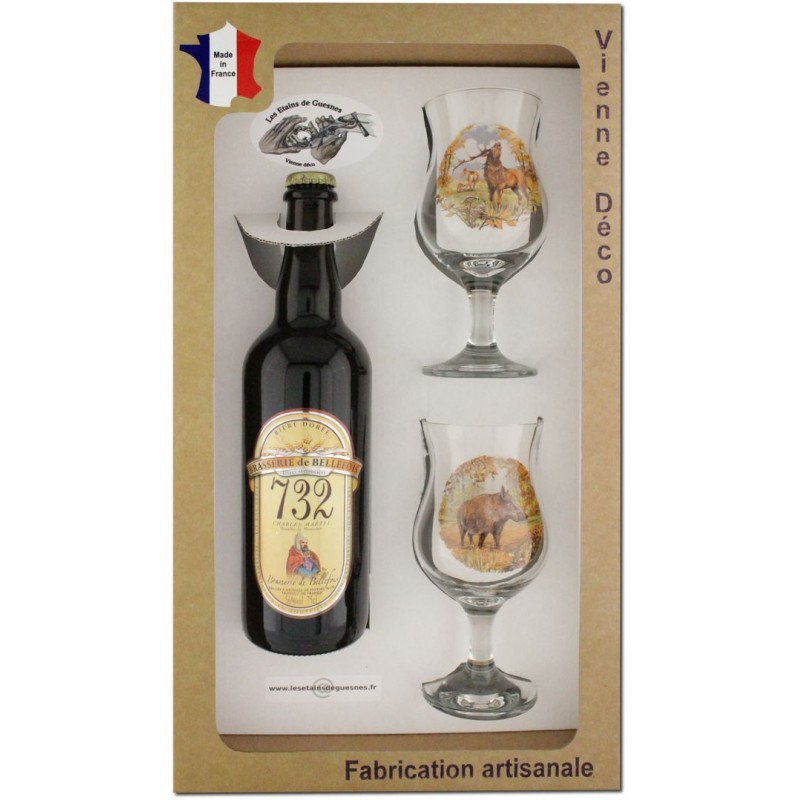 Coffret 2 verres à pied + Bière Blonde de Bellefois (Chasseurs Poils) - Les  Etains de Guesnes