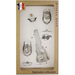 Coffret 2 verres à Vin INAO + Bouteille Fusil Décor Etain (Gibiers Poils)