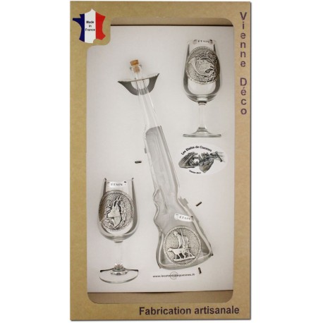 Coffret 2 verres à Vin INAO + Bouteille Fusil Décor Etain (Gibiers Poils)